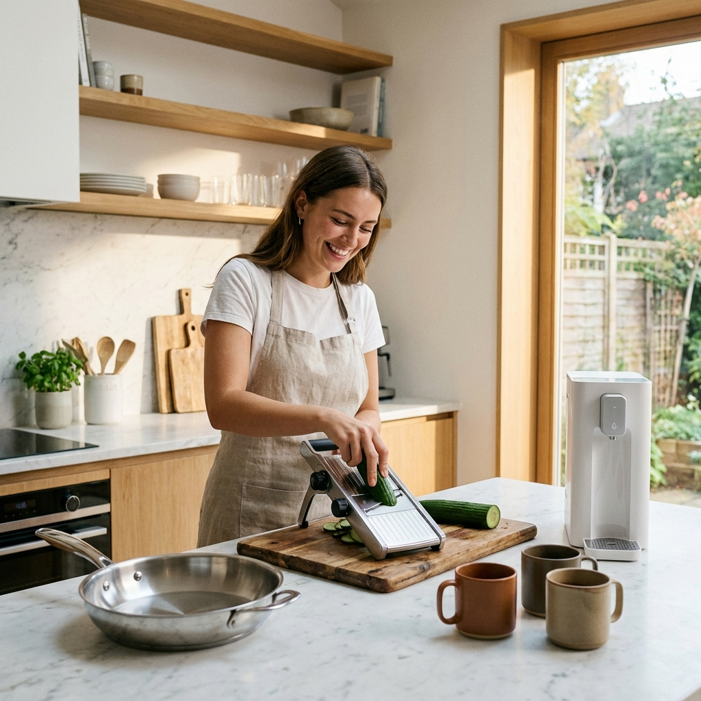 Home & Kitchen — woman using kitchen gadgets in a bright modern kitchen