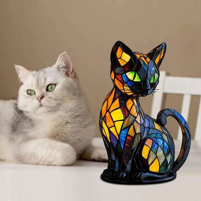 Handcrafted Stained-Glass Cat Table Lamp with Warm, Cozy Glow