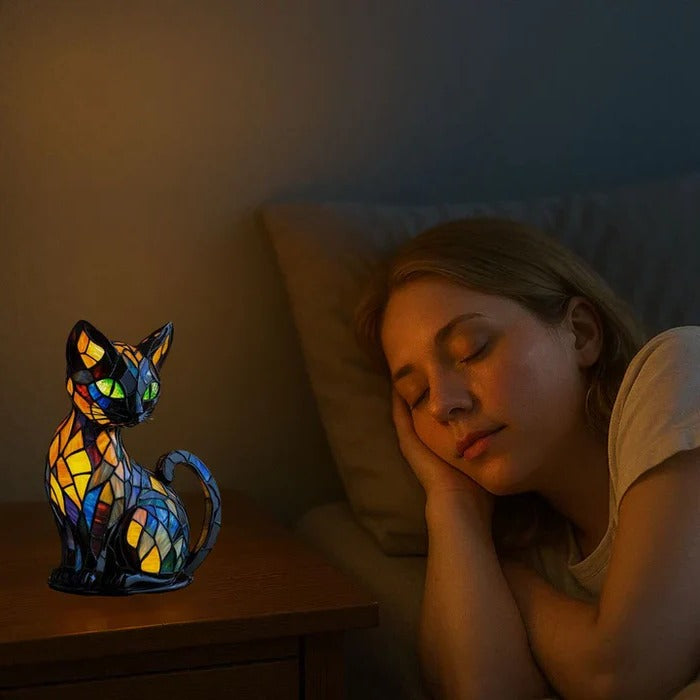Handcrafted Stained-Glass Cat Table Lamp with Warm, Cozy Glow