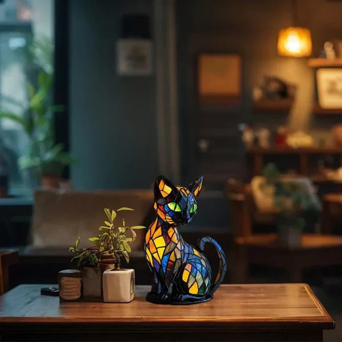 Handcrafted Stained-Glass Cat Table Lamp with Warm, Cozy Glow