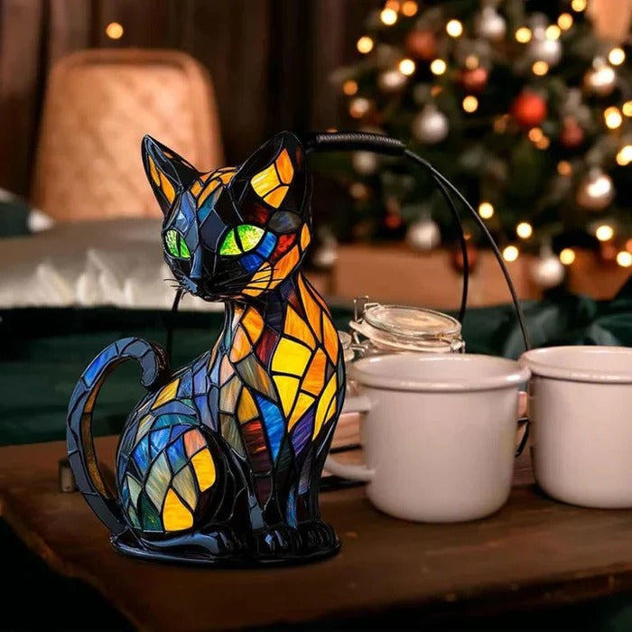 Handcrafted Stained-Glass Cat Table Lamp with Warm, Cozy Glow