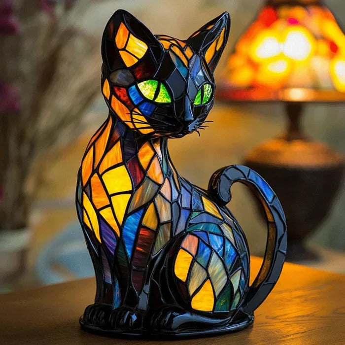 Handcrafted Stained-Glass Cat Table Lamp with Warm, Cozy Glow